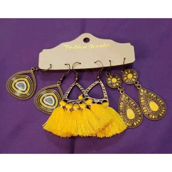 Three Pairs Dangle Earrings BOHO Western Style Yellow & Bronze Tone - Picture 1 of 11